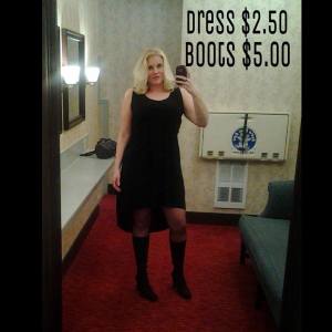I scored this dress for a fun night out, at Salvation Army for $2.50 and these Nine West boots (in perfect new condition) for $5.00 at a yard sale!